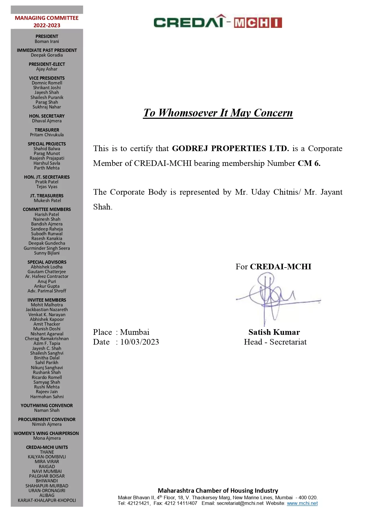 Godrej CREDAI Certificate