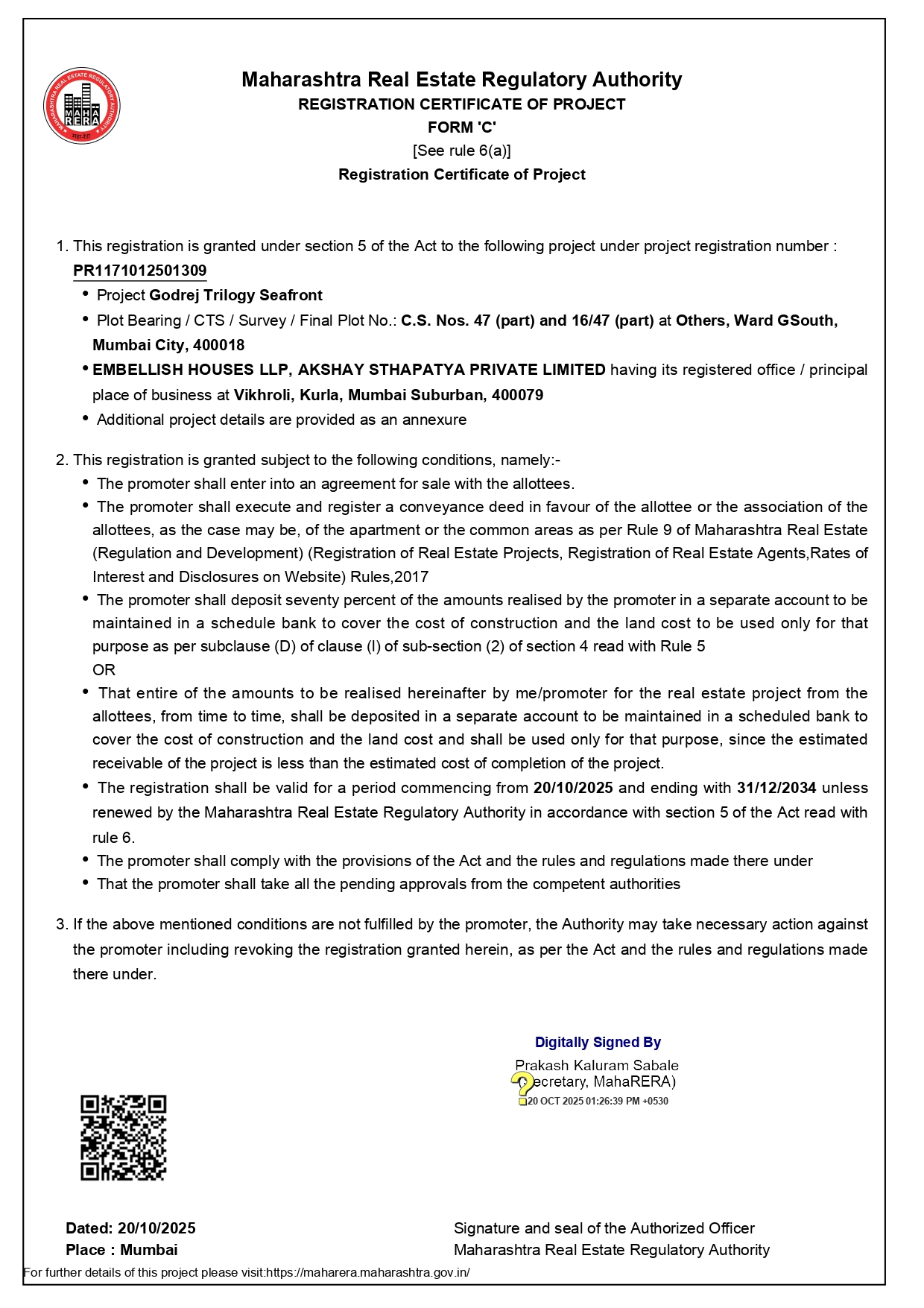 Godrej Trilogy Seafront RERA Certificate